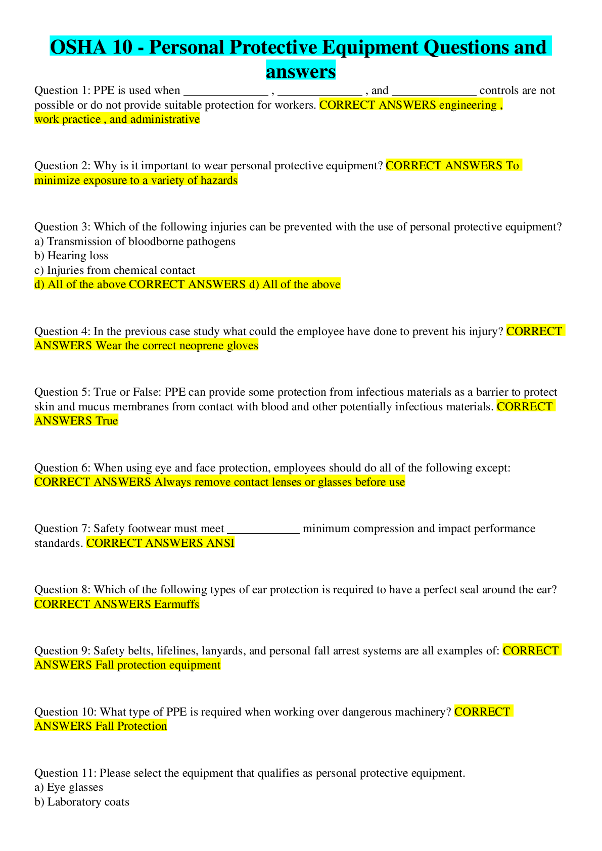 Preview image for OSHA 10 - Personal Protective Equipment Questions and answers